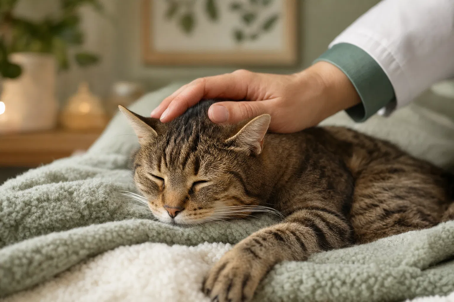 Ruhig liegende Katze wird sanft gestreichelt – Hausbesuch ohne Stress