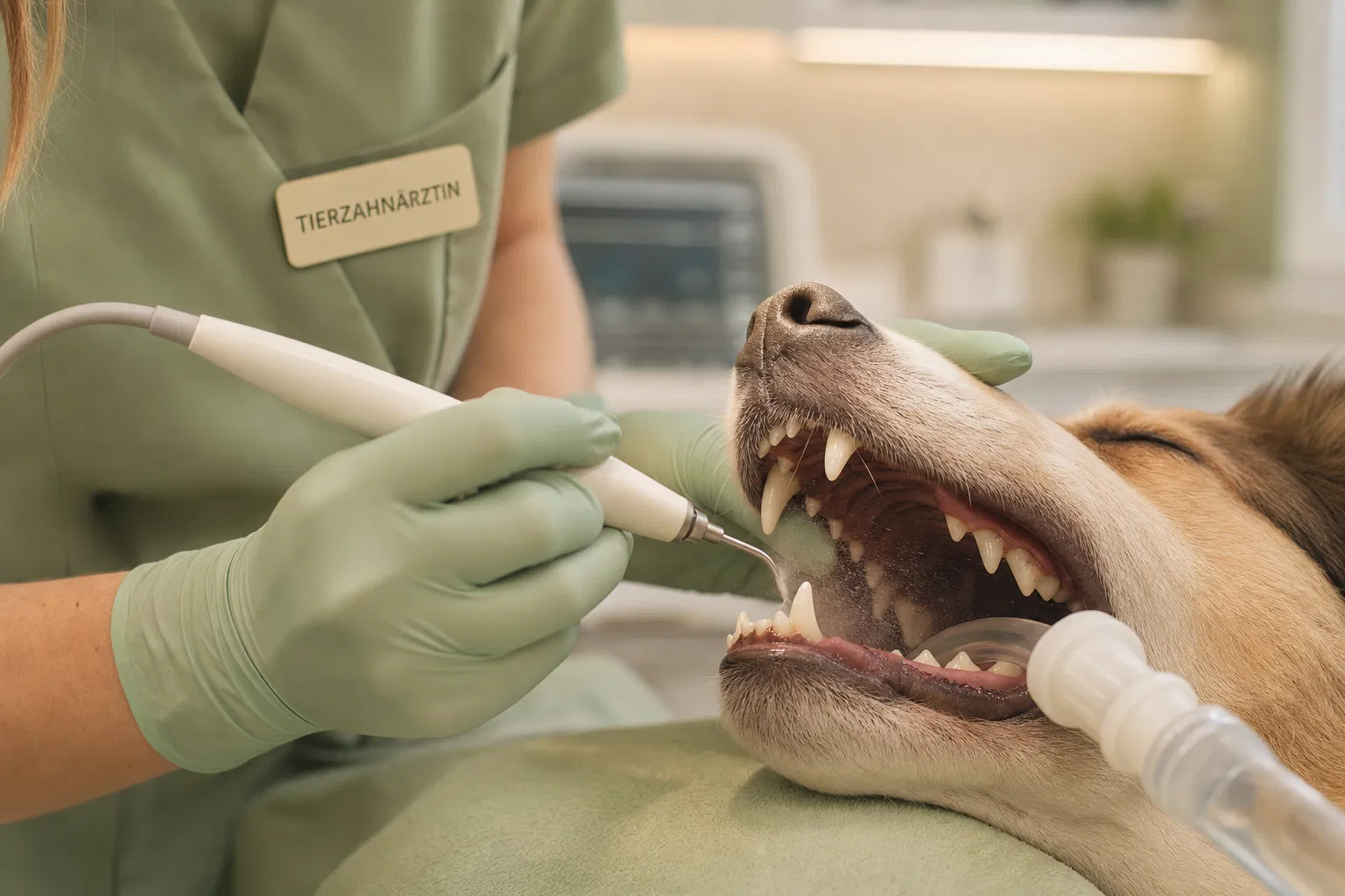 Zahnbehandlung bei einem Hund in der Tierarztpraxis