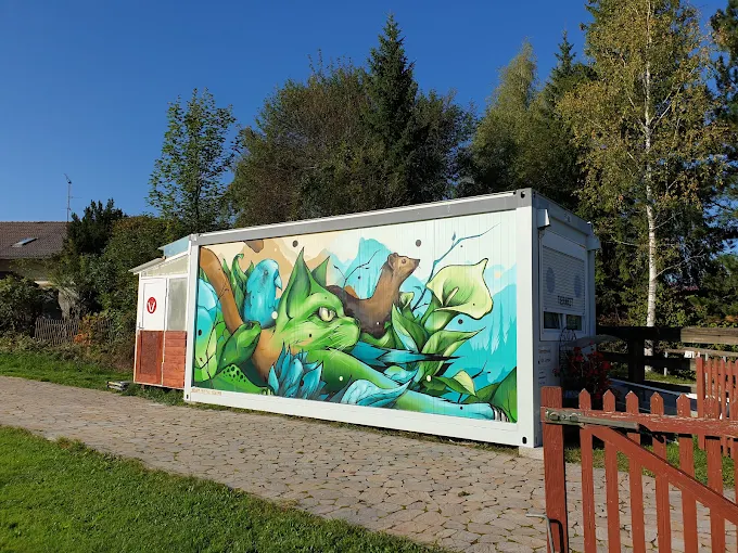 Außenansicht der Tierarztpraxis Dr. Lorenz – bunt bemalter Container am Sportplatz in Bernbeuren
